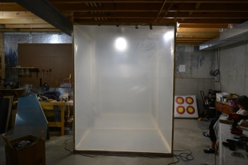 larger paint booth, smaller basement work area